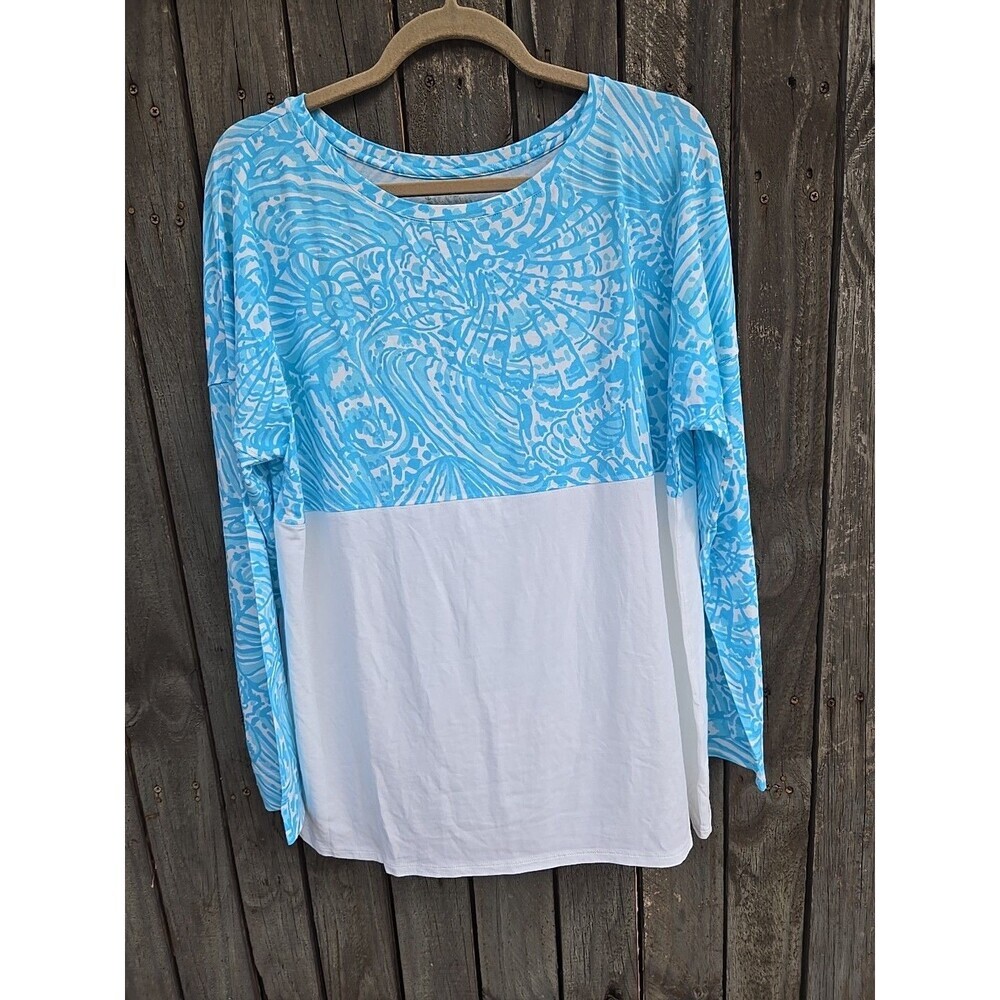 Lilly Pulitzer Finn Top Long Sleeve Succulent Blue Sea Cups Sz XL